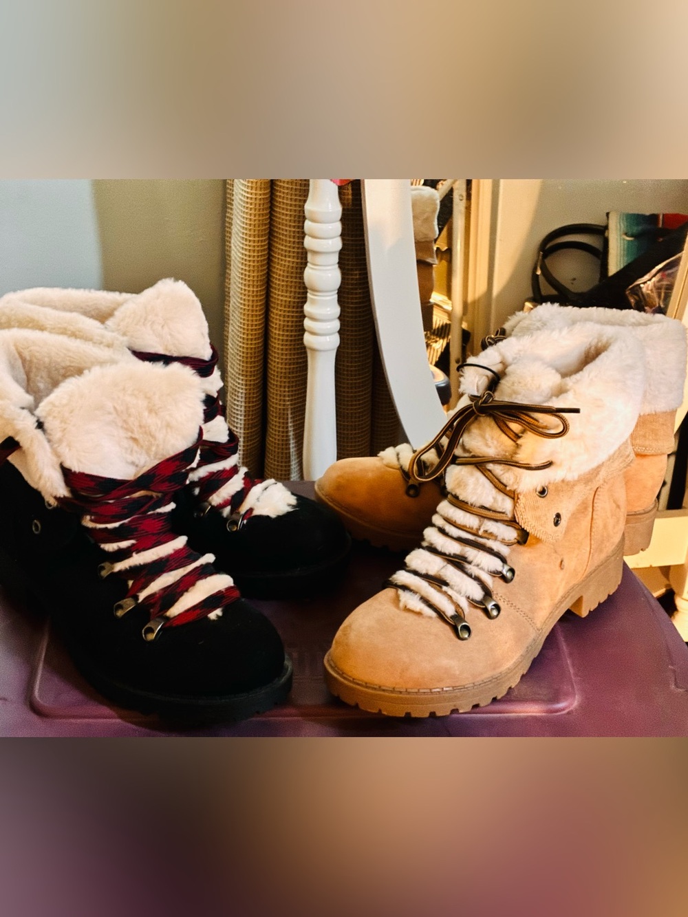 Women's Tan &/or Blk Faux-Shearling Lace-Up Winter Boots